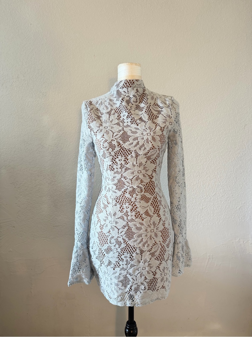 House of CB Pale Blue Lace High-Neck Long Sleeve Mini Dress